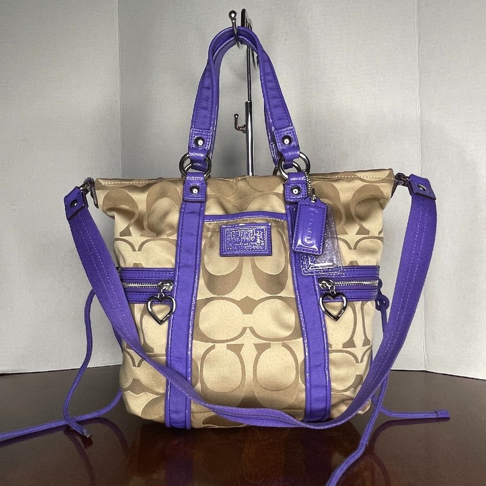 Coach F20101 Poppy Daisy Signature C Pocket Tote Shoulder Bag Khaki & Purple
